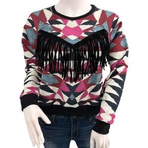 MINKPINK Mirro Mirror Fringe Aztec Geometric Sweatshirt Western Boho Small
